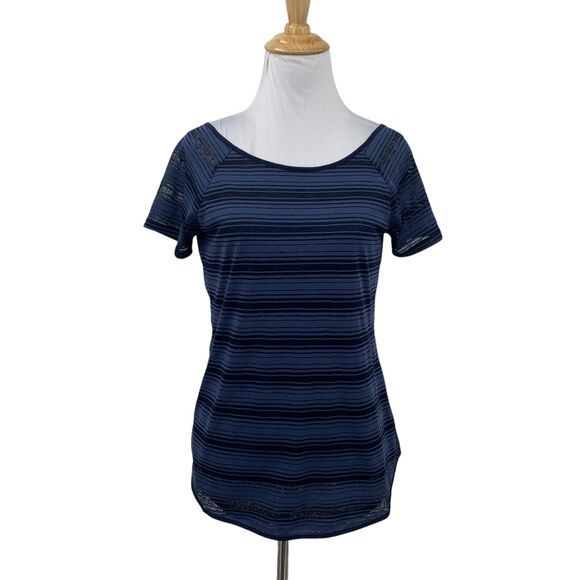Athleta Shirt Womens 2XS Mesh Layered Low V Back Twist Stripe Short Sleeve Top - Picture 1 of 15